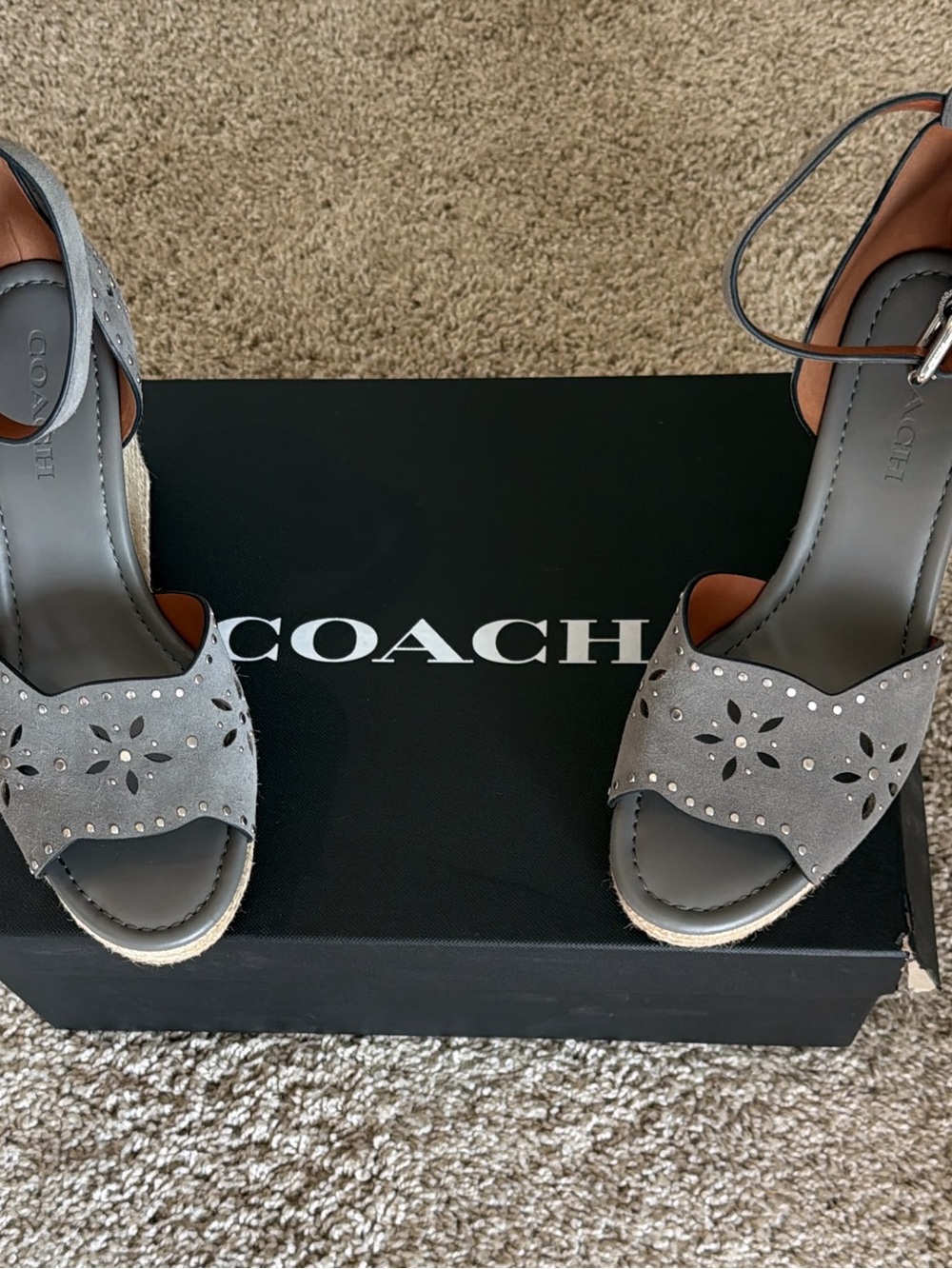 Coach Gray Suede Laser-Cut Espadrille Wedge Sandals